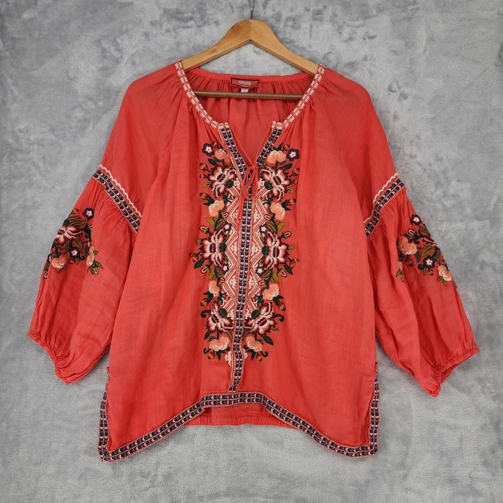 Johnny Was Top Womens Size Large Workshop Embroidered Peasant Tie Blouse Pink